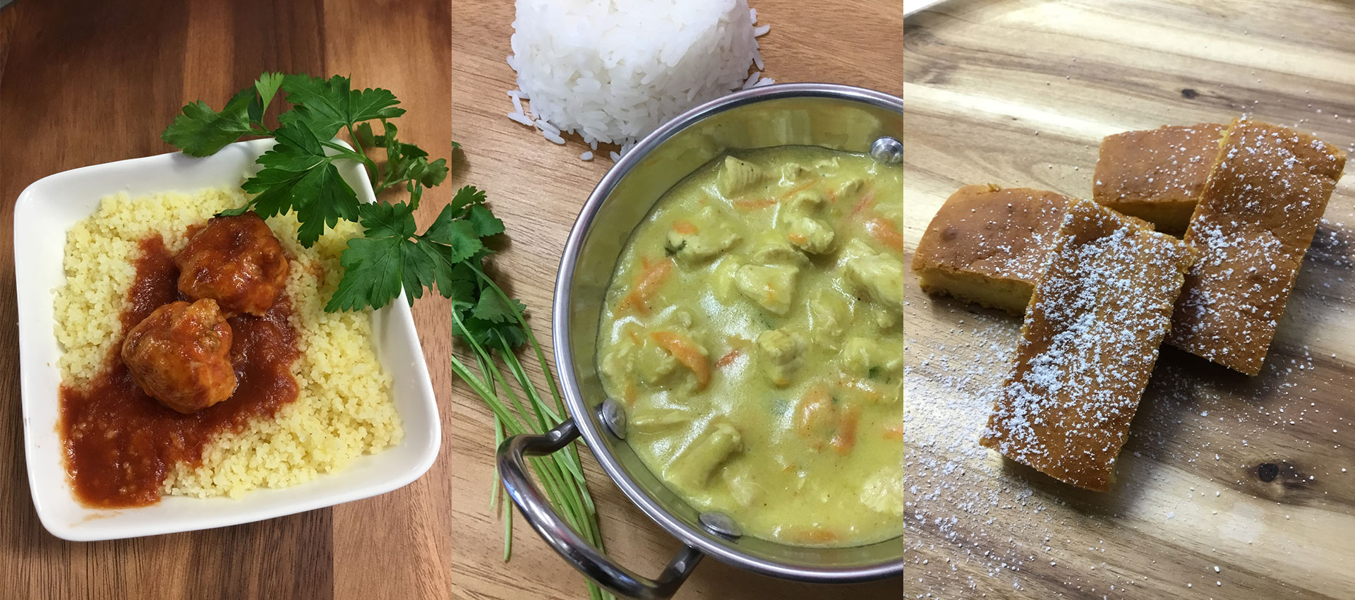 Cous cous and meatballs, green curry and slice